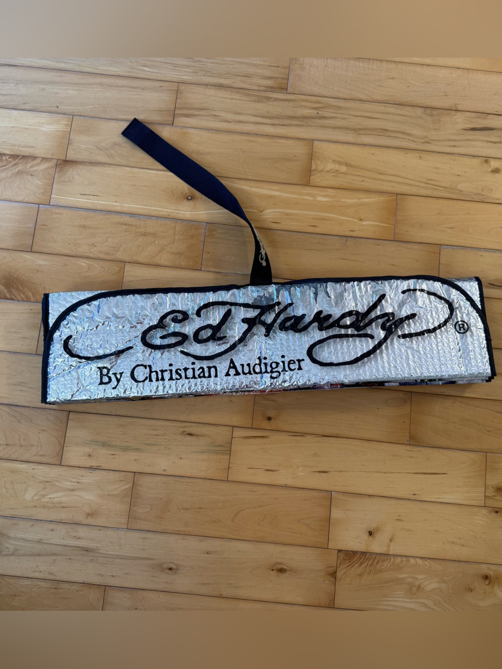 Ed Hardy Silver Reflective sunshade with Black Script Logo